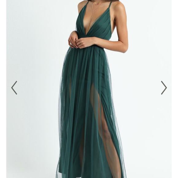 Showpo Women's Like a Vision Emerald Mesh High Slit Spaghetti Strap Gown Size 8 - Picture 2 of 11